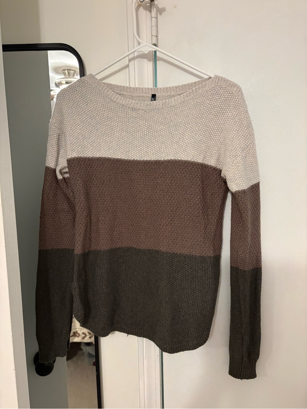 Kuhl Colorblock Crewneck Sweater in Cream, Brown, and Olive